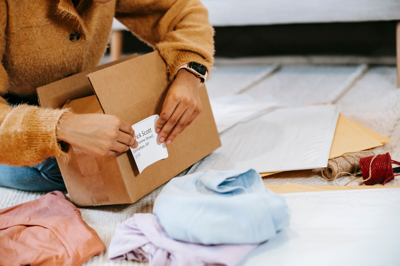 A shipping label being applied to a parcel