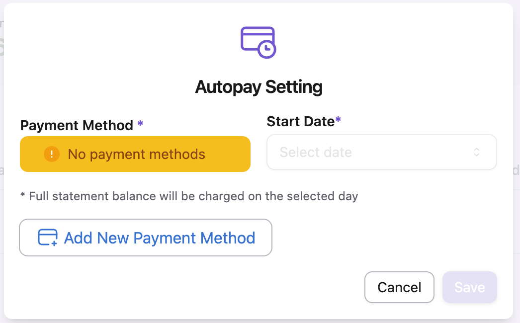 SpecCheck Autopay Setting window with payment method and monthly start date