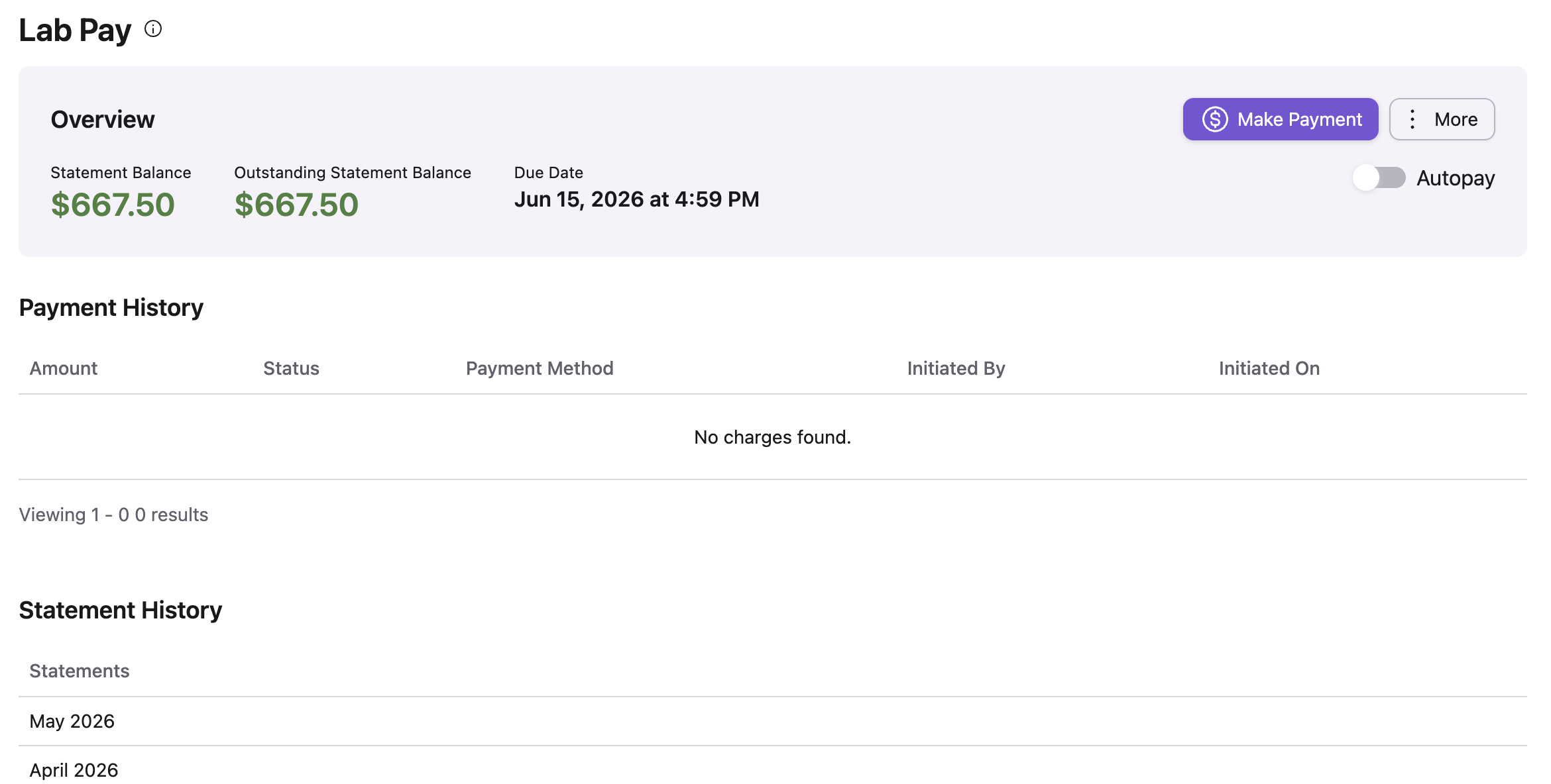 SpecCheck Lab Pay overview showing statement balance, due date, Make Payment, Autopay, payment history, and statement history