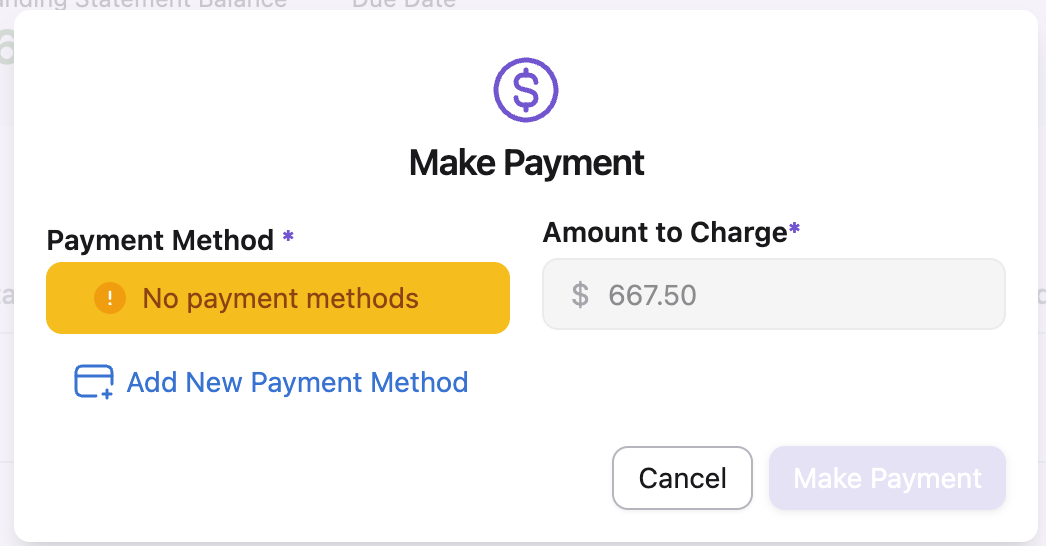SpecCheck Make Payment window with payment method, amount, and Make Payment controls